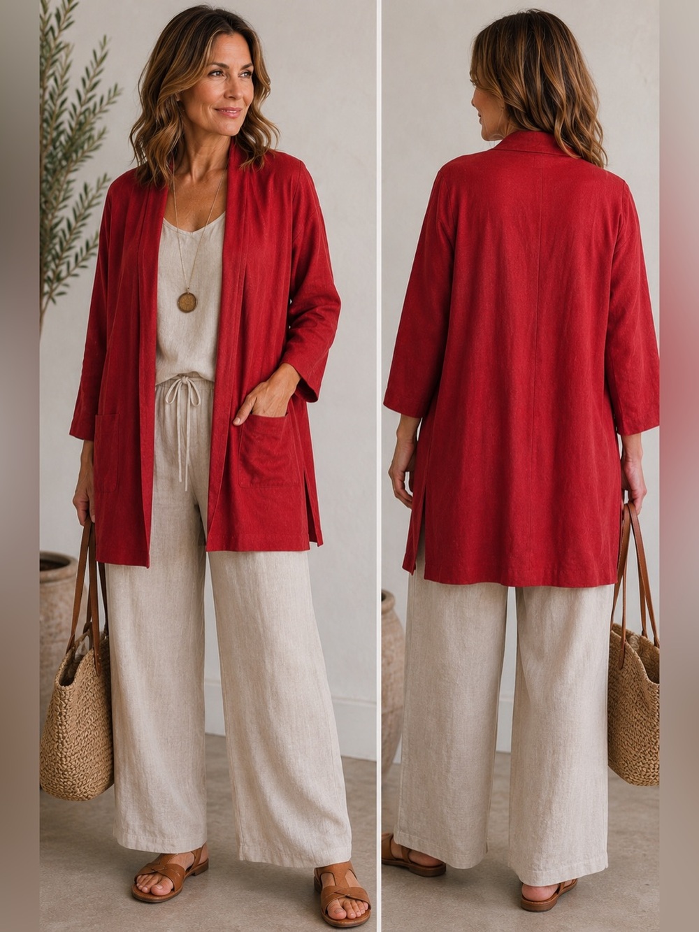Amherst Red Longline Open Front Jacket Womens Relaxed Lagenlook Artsy wool med